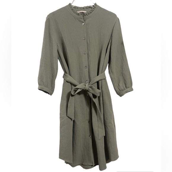 Soft Surroundings Sage Green Cotton Gauze Belted Button Up Dress - Picture 1 of 8